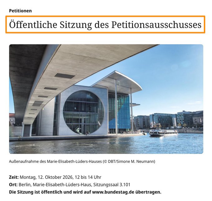 A German government announcement for a public petition committee meeting ('Öffentliche Sitzung des Petitionsausschusses') at the Marie-Elisabeth-Lüders-Haus in Berlin on October 12, 2026, from 12-14 Uhr.