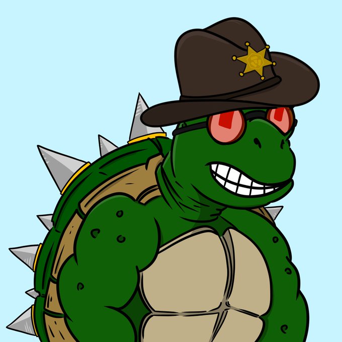 Illustration of a muscular green turtle character wearing a brown sheriff's hat with a gold star and red-tinted sunglasses, sporting spikes on its shell.