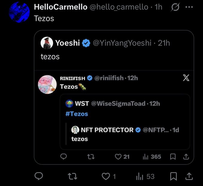 A Twitter/X post from user @hello_carmello displaying a thread of tweets about 'Tezos' from multiple accounts.