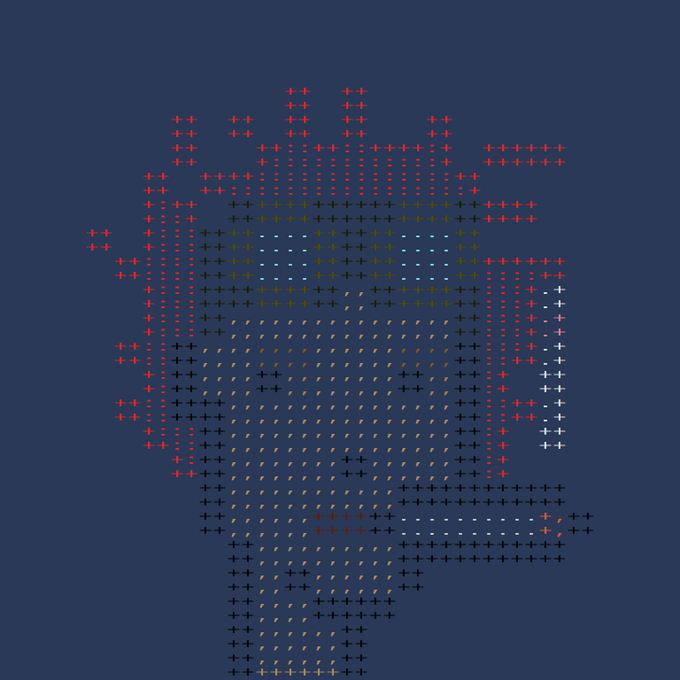 A pixel art / cross-stitch style illustration of a bearded man's face on a dark gray background, created using red, black, white, brown, and yellow plus-sign and dash symbols arranged in a grid pattern.