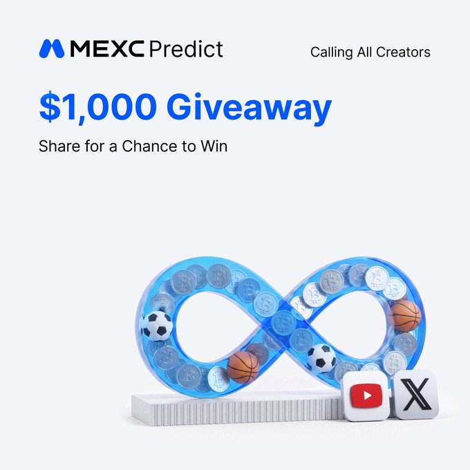 MEXC Predict launches a "$1,000 Giveaway – Share for a Chance to Win" campaign targeting creators, featuring an infinity symbol filled with sports balls and coins alongside YouTube and X icons to represent social media sharing for a chance to win a share of $1,000 in trial funds among 50 winners.