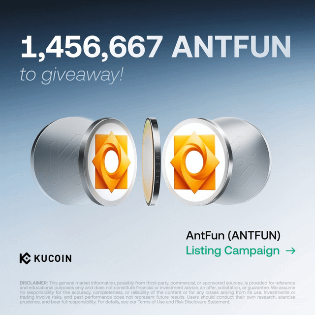 A KuCoin promotional graphic advertising a giveaway of 1,456,667 ANTFUN tokens as part of an AntFun (ANTFUN) Listing Campaign, featuring metallic AntFun coin imagery.