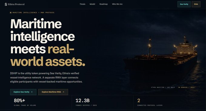 A website screenshot for 'Ethra Protocol' promoting 'Maritime intelligence meets real-world assets' with a background image of an oil tanker and statistics showing '80%++' global trade, '12.3B' tonnes shipped, and '2' connected protocol layers.