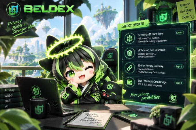An anime-style character with green hair and a halo works at a laptop branded with the Beldex logo, surrounded by update panels highlighting Network v21 Hard Fork, VRF-based PoS Research, and other developments. The image visually represents the BeldexCoin update mentioned in the post, emphasizing the network's latest advancements including the v21 PoS phase and validator selection research.