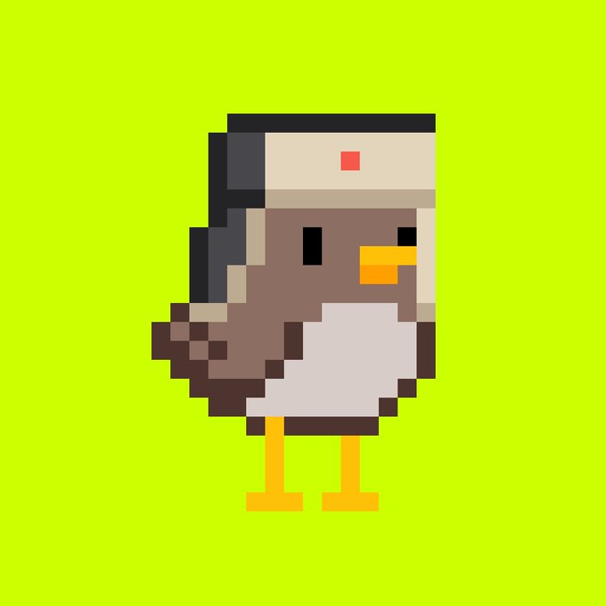 A pixel art illustration of a brown bird wearing a sailor-style hat with a red dot, set against a bright green background, likely representing an NFT from the Birb collection on OpenSea. The cartoon character visually matches the playful, bird-themed branding described in the post.