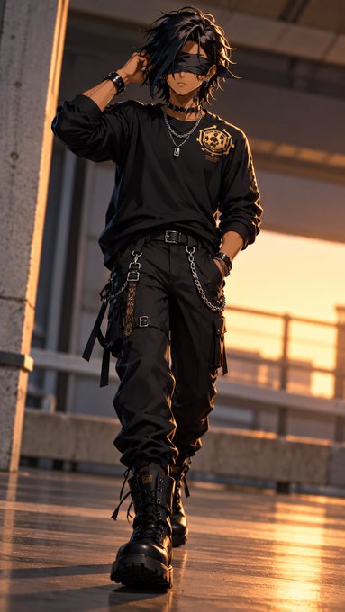 A dark-haired anime-style character in black streetwear with a gold emblem on the chest stands confidently in an urban setting at sunset. The moody, edgy aesthetic and "GM GM TGIF" post vibe capture a relaxed weekend energy, blending attitude with the start-of-weekend celebration.