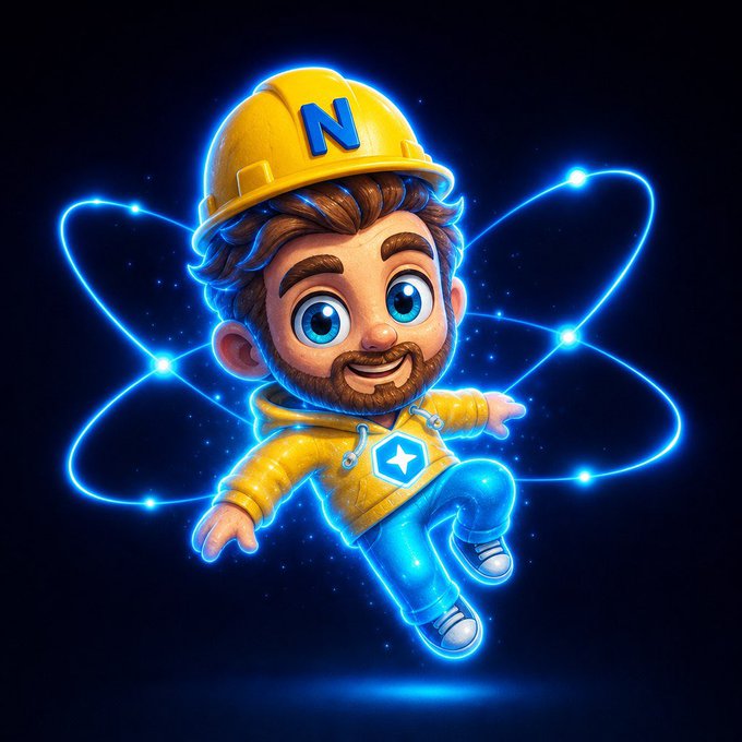 3D cartoon illustration of a bearded character wearing a yellow hard hat with an 'N' logo and a yellow hoodie, surrounded by glowing blue atomic orbital rings.