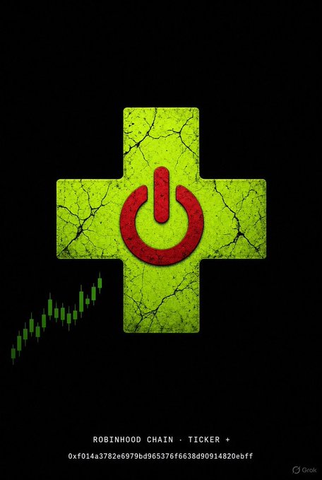 A dark promotional image for Robinhood Chain featuring a green cracked cross with a red power symbol and a green candlestick chart, with the ticker address '0xf014a3782e6979bd965376f6638d90914820ebff' at the bottom.