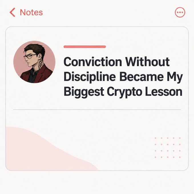 A mobile Notes app screen displaying an article title 'Conviction Without Discipline Became My Biggest Crypto Lesson' with an illustrated avatar of a man with glasses and a red jacket.