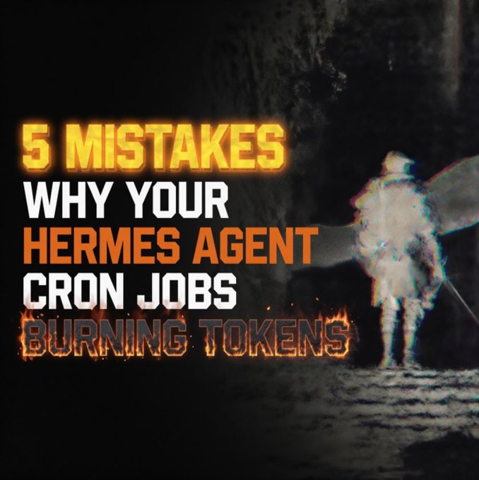 A dark, atmospheric graphic features a winged figure and bold text reading “5 MISTAKES WHY YOUR HERMES AGENT CRON JOBS BURNING TOKENS,” illustrating how misconfigured LLM cron ticks waste tokens.
