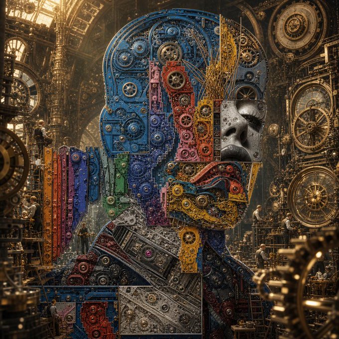 A colossal, deconstructed humanoid bust made of an intricate patchwork of colorful gears, clockwork, and machinery dominates a vast steampunk workshop, with a classical silver face embedded among the mechanical components. The image visualizes the post's "stay rare" message by portraying a being composed entirely of unique, one-of-a-kind mechanical parts, embodying individuality and uniqueness through its elaborate, singular design.