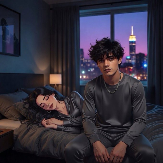 A digital illustration of a young man with dark hair and a young woman with black hair; the woman is sleeping on a bed while the man sits beside her, with a nighttime city skyline visible through a window behind them.