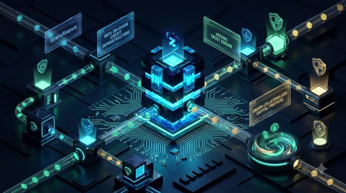 A futuristic digital artwork depicting a glowing central computer chip with floating screens displaying terms like '100% ON-CHAIN CREDIT INFRASTRUCTURE', 'XBRL CORE TRUST ENGINE', and 'UNIFIED LAYERED CAPITAL PROTOCOL'.