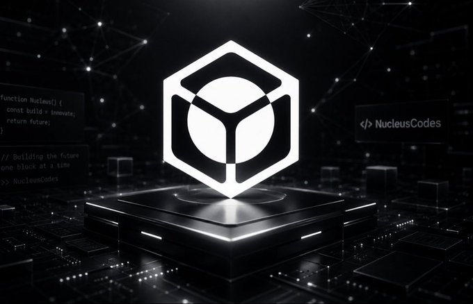A futuristic digital render features a glowing white hexagonal logo with an inner geometric symbol on a black pedestal, surrounded by networked nodes and code, with the text 'NucleusCodes' displayed on the right.