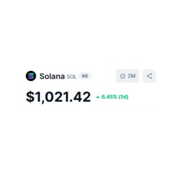 A screenshot showing the Solana (SOL) cryptocurrency price at $1,021.42, up 8.45% in the past day and ranked #6 with a 2M watchlist count. The image relates to the post's message about cryptocurrency volatility, highlighting the impressive daily gain as an example of the kind of "100x gains" investors hope to capture, despite the risk of major dips.