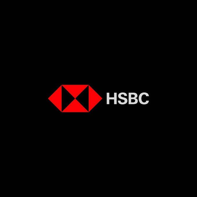 The HSBC logo, featuring a red and black hexagonal symbol next to the white 'HSBC' text, is displayed on a black background.