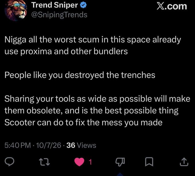 A screenshot of an X (Twitter) post from 'Trend Sniper @SnipingTrends' containing text criticizing bundlers and discussing making tools obsolete.