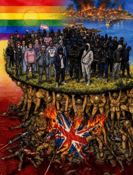 The image features a painting of people standing together, with some holding flags or banners. The scene depicts a group of people gathered around a cliff edge, possibly at a protest or rally. The colors used in the painting are predominantly red, black, and white, which adds intensity to the overall atmosphere. The post that accompanies this artwork reads: "Pretty much".
