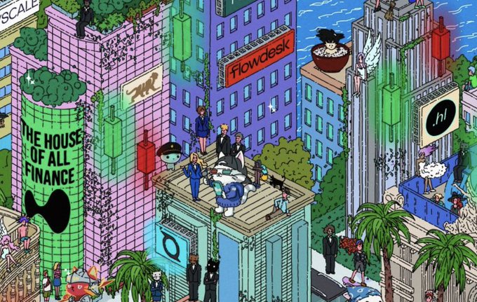 A vibrant, illustrated cartoon cityscape depicts a bustling crypto-themed metropolis featuring buildings labeled "THE HOUSE OF ALL FINANCE," "Flowdesk," and a stylized "h" (Hyperliquid logo), with a prominent figure interviewing his blonde girlfriend on a rooftop platform amid palm trees and towering financial skyscrapers. The whimsical scene visually represents the chaotic, interconnected world of decentralized finance (DeFi), with the "House of All Finance" and Hyperliquid branding tying into the post's playful mention of Hyperliquid and the crypto "Tangle."