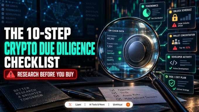 A digital graphic titled "THE 10-STEP CRYPTO DUE DILIGENCE CHECKLIST" with a red banner reading "RESEARCH BEFORE YOU BUY," featuring a magnifying glass over on-chain data metrics like holders, transfers, and liquidity, surrounded by callout boxes for tokenomics, unlock schedule, wallet concentration, developer activity, and risk/exit plans. The image visually reinforces the post's message by illustrating a structured due diligence process—covering on-chain metrics, team activity, and risk planning—that investors should follow *before* purchasing a token rather than after.