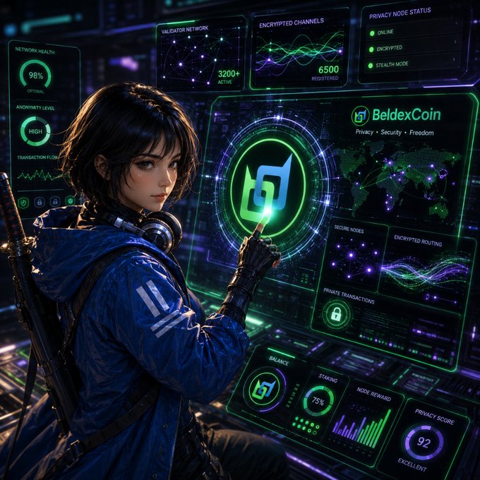A cyberpunk-style female character interacts with holographic displays showing cryptocurrency data for "BeldexCoin" with stats like "NETWORK HEALTH 98%," "BALANCE," "STAKING 75%," and "PRIVACY SCORE 92."