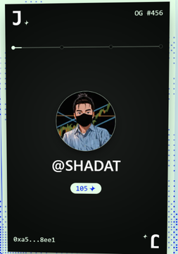 A mobile app profile screen for user @SHADAT showing a masked avatar, a follower count of 185, and text reading '@xa5...Bee1'.