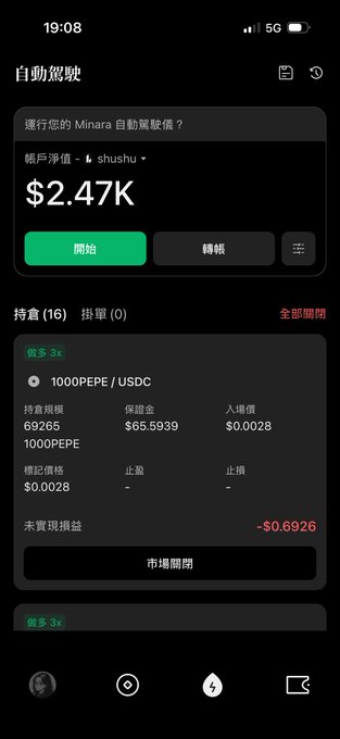 A mobile app interface in Chinese for a crypto trading bot called 'Minara', showing an account value of $2.47K and an open position for 1000PEPE / USDC with an unrealized loss of -$0.6926.