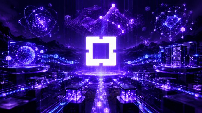 A futuristic purple digital landscape featuring a central blockchain/chip icon surrounded by floating data networks, atom symbols, and holographic server structures.