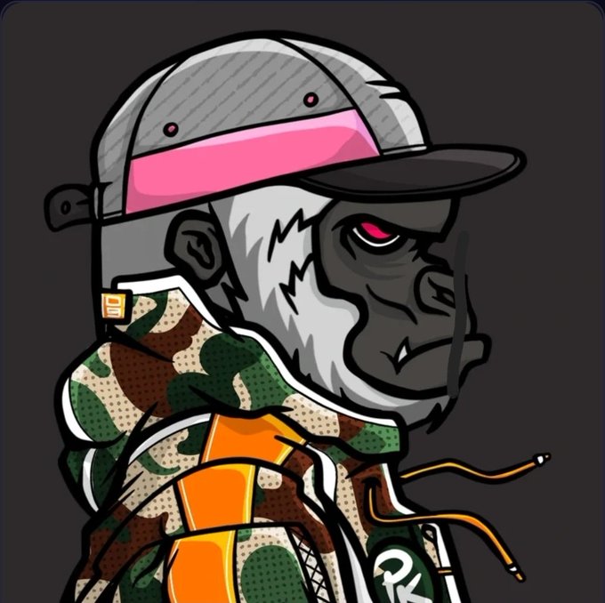 A cartoon illustration of an anthropomorphic gorilla wearing a gray and pink baseball cap and a camouflage jacket with orange stripes.