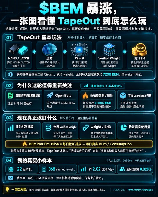 The image is an infographic titled "$BEM 暴涨, 一张图看懂 TapeOut 到底怎么玩" (BEM Surges, One Picture to Understand How TapeOut Works), which visually breaks down the TapeOut cryptocurrency ecosystem with four numbered sections explaining the basic gameplay, why the project deserves renewed attention, key metrics to track (such as BEM Net Emission = daily mining emissions minus daily BEM burn/consumption), and the creator's personal sample of 22 miners with 368 verified weight generating ~2.02 BEM/day.

The infographic directly supports the accompanying text by providing a comprehensive visual answer to the questions raised about what TapeOut is and how it works, complementing the discussion of $BEM's price surge and the renewed attention from "小黄人" (Minions) related chatter and FOMO-driven interest.