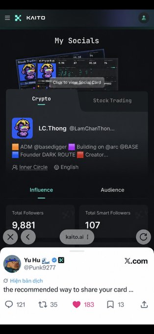 The image shows a social media app with a post from a user named Yvonne, who has tagged another user named @HannahBinish. The post includes a message about an upcoming event or product release related to Kaito. The conversation is taking place on Twitter and includes mentions of the hashtag #innercircle and the words "Kaito".