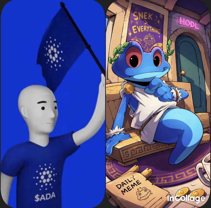 The image shows a split graphic featuring a mascot holding a Cardano (ADA) flag alongside a blue cartoon snake character lounging on a throne with "SNEK EVERYTHING" and "HODL" signs, and a "DAILY MEME" scroll. The illustration directly ties to the post by promoting both the $ADA and $Snek communities, blending Cardano branding with the snek memecoin's playful aesthetic.