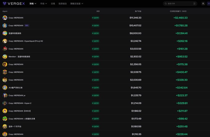 A screenshot of the VERGEX cryptocurrency exchange platform showing an 'Agent' leaderboard with various Copy MERIDIAN agents, status indicators, and profit figures in dollars.