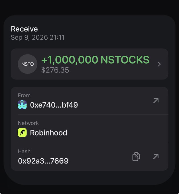 A screenshot of a crypto wallet transaction confirmation showing a "Receive" of +1,000,000 NSTOCKS (valued at $276.35) from wallet 0xe740...bf49 via the Robinhood network on Sep 9, 2026, celebrating the $nSTOCKS airdrop from @Notstocksdotfun.