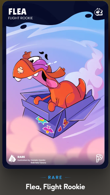 A digital trading card titled 'Flea, Flight Rookie' featuring a cartoon dog-like character in a paper airplane, classified as RARE.