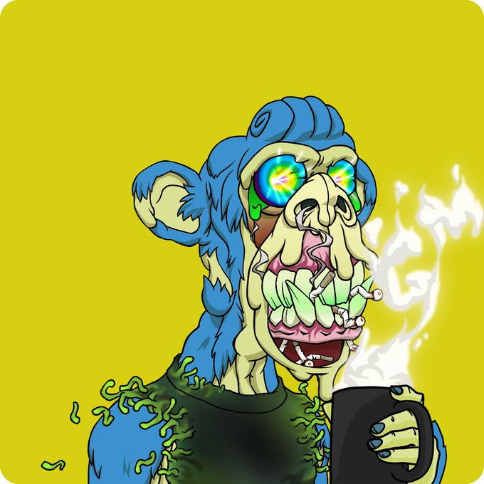 A wild, cartoonish illustration depicts a blue-furred monkey-like creature with glowing rainbow eyes, smoking a cigarette from its mouth and holding a steaming black mug.