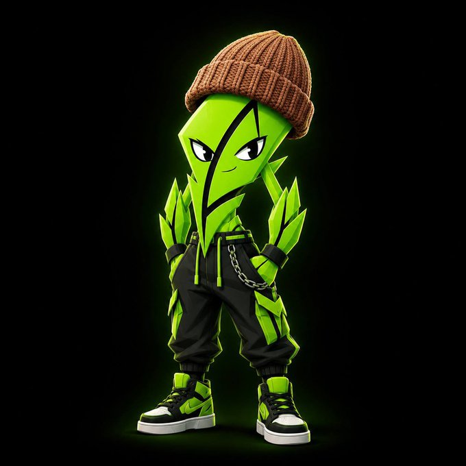 A stylized green leaf-shaped character wearing a brown beanie, black joggers with a chain, and green and black sneakers stands against a black background.