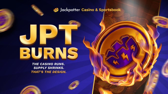 Promotional graphic for Jackpotter Casino & Sportsbook featuring 'JPT BURNS' with a flaming coin icon and the tagline 'THE CASINO RUNS. SUPPLY SHRINKS. THAT'S THE DESIGN.'