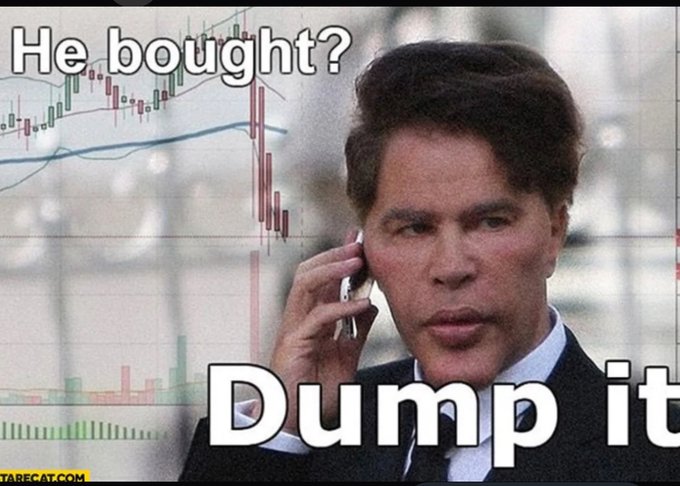 A meme featuring a man on a phone overlaid on a stock chart with the text 'He bought?' and 'Dump it'.