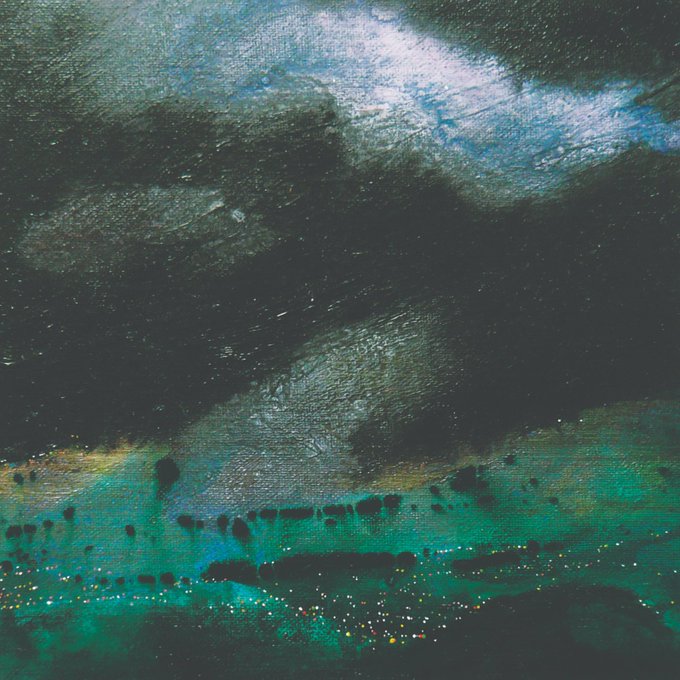 An abstract textured painting with dark black and deep green tones, featuring thick brushstrokes and speckled details resembling a moody landscape or atmospheric scene.