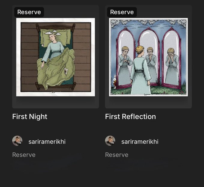 Two tarot-style card designs titled "First Night" and "First Reflection" by user sariramerikhi, both labeled "Reserve," depict ethereal women in pale dresses—one sleeping in a bed and the other gazing into triple mirrors—evoking the dreamy, introspective fantasy aesthetic of "Sariraa in Wonderland."