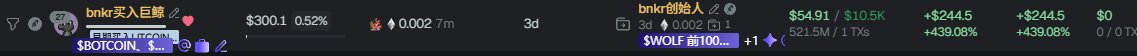 The image displays two traders—**"bnkr 买入巨鲸"** at $300.1 (0.52%) and **"bnkr 创始人"** showing a **+439.08% gain (+$244.5)** on the **$WOLF** token with $54.91 held and $10.5K in trading volume—corresponding to the post's identification of these wallets as the bnkr founder (0x237c79...8ba3) who self-issued test coins and made the first buy on $WOLF.
