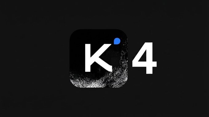 A dark, grainy app icon shows a white letter 'k' with a small blue dot, followed by a large white '4' on a black background.