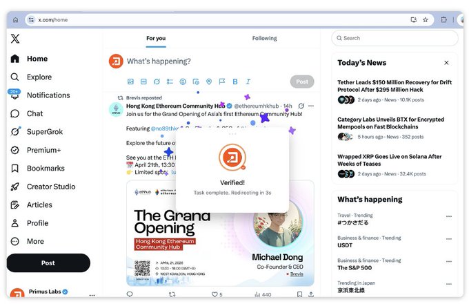 A Twitter/X feed screenshot showing a post about the Hong Kong Ethereum Community Hub event with verified task completion and a daily news sidebar featuring stories on Tether, Category Labs, and XRP.