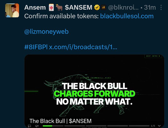 A screenshot of a post from user "Ansem" promoting the "$ANSEM" token with the message "THE BLACK BULL CHARGES FORWARD NO MATTER WHAT." and a link to blackbullesol.com.