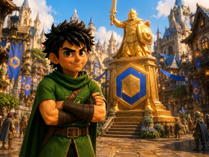 A determined animated warrior in green stands with crossed arms before a grand golden statue of a king holding a sword and shield, set in a bustling fantasy kingdom square with spired castles and blue banners in the background. The heroic, RPG-style scene visually echoes the post's announcement about Kindra's tokenized stock boards being priced by Chainlink—symbolizing the triumph of decentralized finance infrastructure in a virtual world.