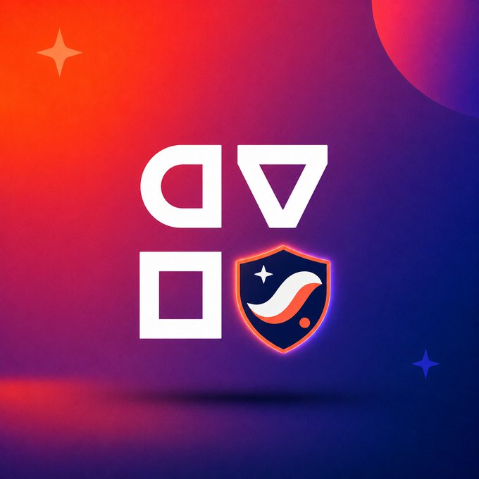 A vibrant gradient background of red, orange, and purple showcases a 2x2 grid of minimalist icons: a semicircle, triangle, square, and a glowing shield with a stylized "S" and star, visually teasing the upcoming "Something Shielded" announcement.