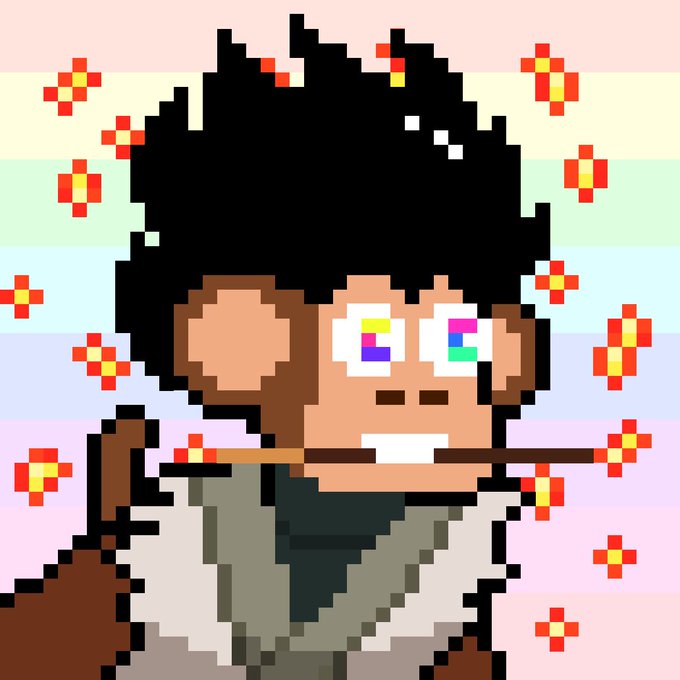 A pixel art portrait of a dark-haired character with colorful glitched eyes smoking a cigarette, set against a pastel rainbow background with orange and yellow pixel flowers.