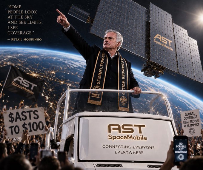 A man stands triumphantly atop a bus branded with "AST SpaceMobile" and "Connecting Everyone Everywhere," pointing skyward toward a satellite, while a crowd holds signs reading "$ASTS TO $100" and "Global Coverage Real People Real Impact," accompanied by the quote: "Some people look at the sky and see limits. I see coverage." — Retail Mourinho. The image directly visualizes the post's hype for $ASTS, portraying the meme-style "Retail Mourinho" as a prophet-like figure rallying supporters toward the $100 price target and AST's mission to deliver global connectivity.