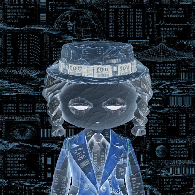 A digital illustration of a figure in a blue suit with curly hair and a hat marked 'IOU', featuring glowing white eyes and surrounded by financial data screens with text like 'LOSING STILL A HOBBY'.
